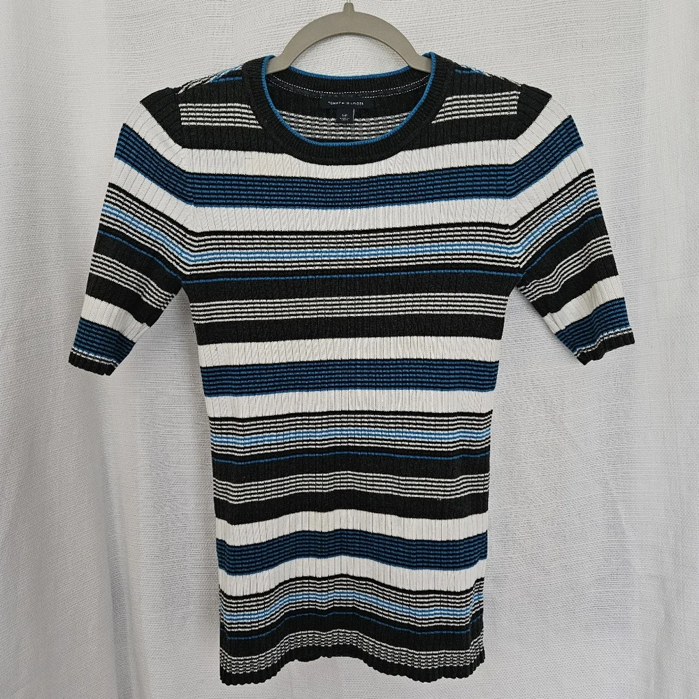 Striped Knit Top Short Sleeve Sweater Size Small